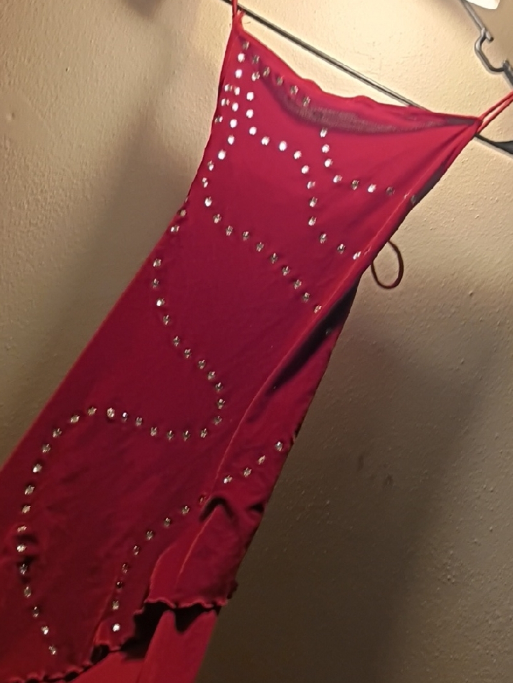 Entertainers Gown Crimson Backless Slip Dress with Stud Accents